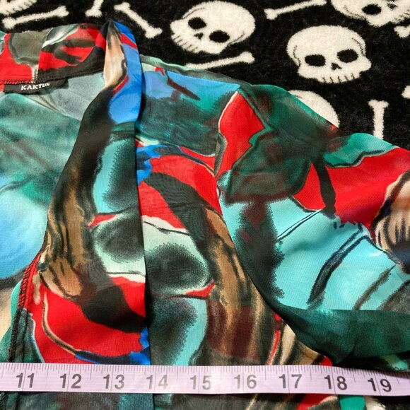 KAKTUS Red black white turquoise watercolour floral sheer cardigan ~ XS SMALL - Picture 5 of 12